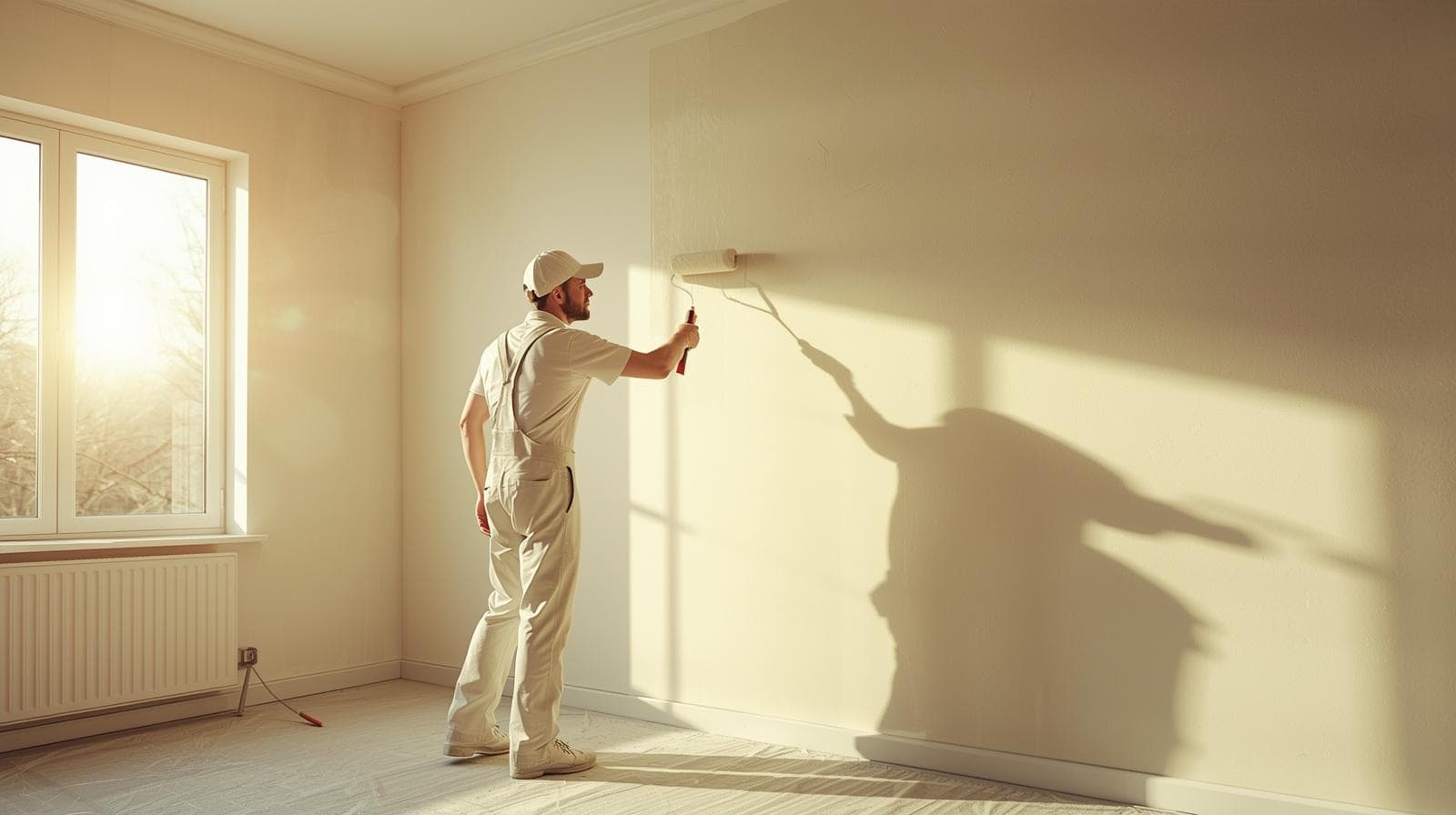 Professional painter in white overalls rolling paint on a bright interior wall