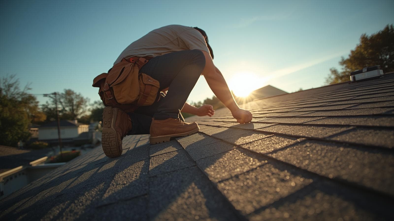Professional roofer laying shingles on a sunlit residential rooftop