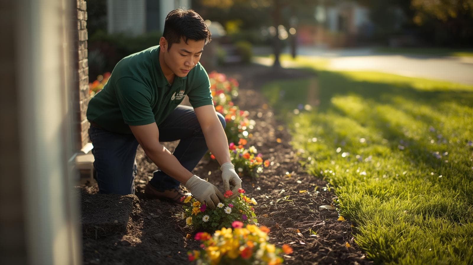 Professional landscaper planting flowers in a garden bed beside a suburban home