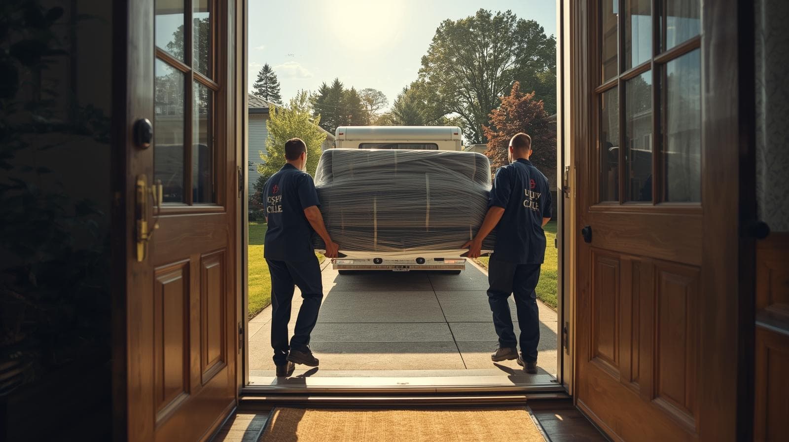 Two professional movers in navy uniforms carrying a wrapped sofa into a suburban home