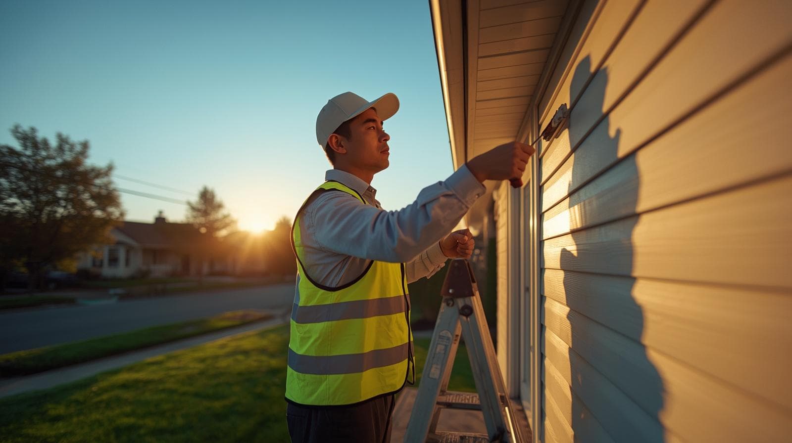 Professional painter on a ladder painting the exterior of a house on a sunny day