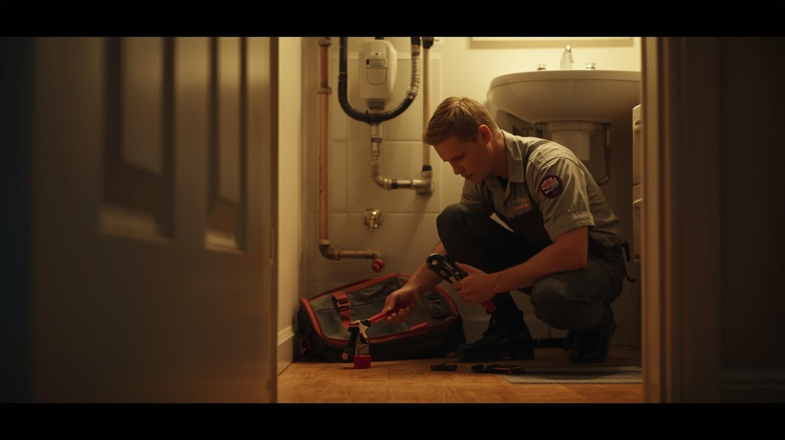 Licensed plumber working in a residential bathroom