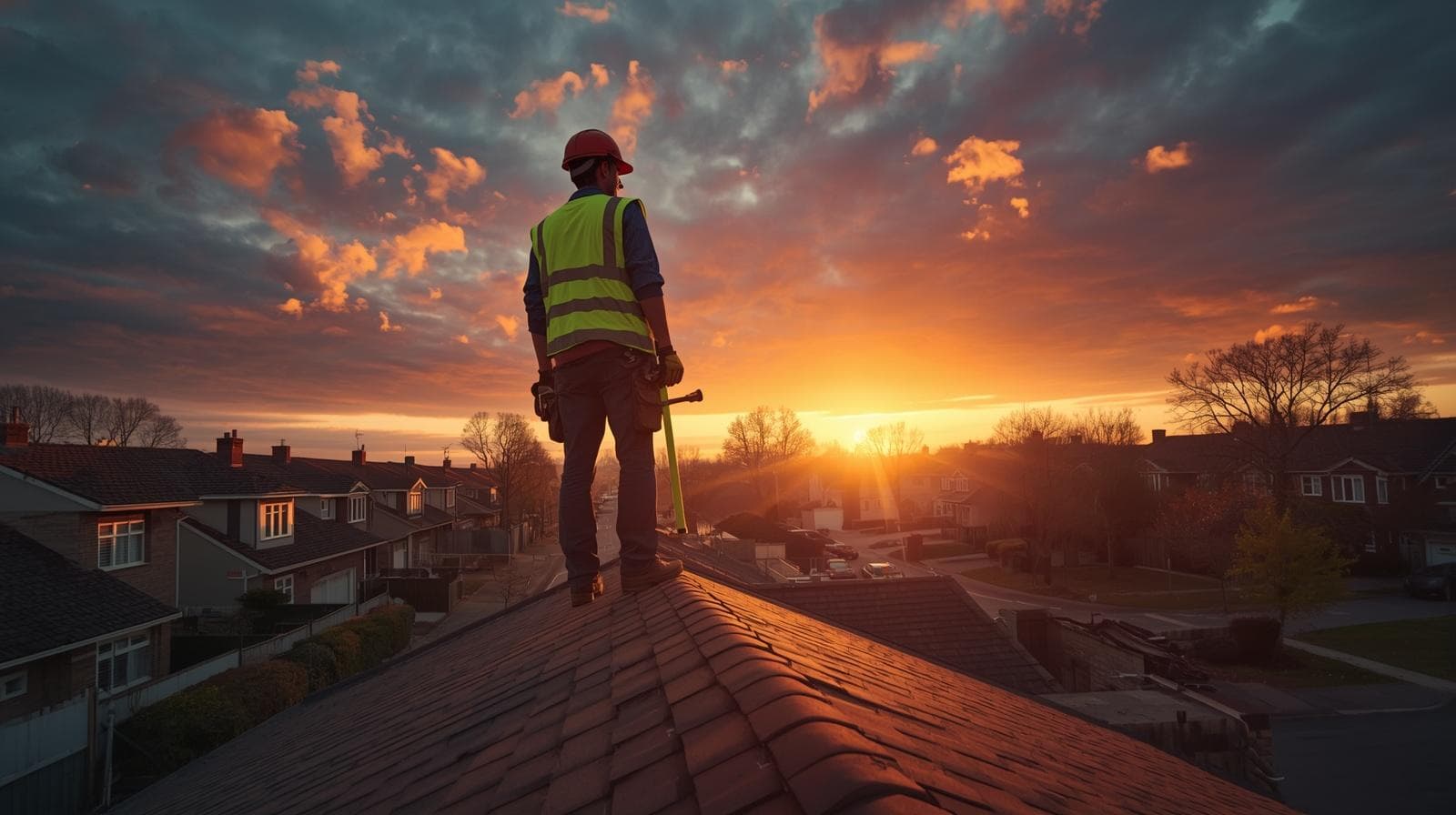 Confident roofer in hi-vis vest standing on a rooftop overlooking a residential neighbourhood at sunset